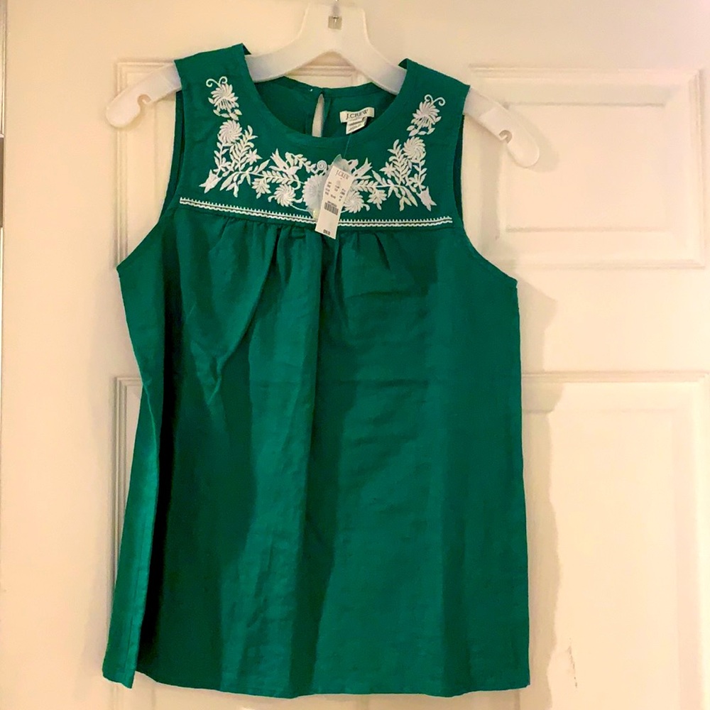 J. Crew Green Tank Top with Embroidered Flowers